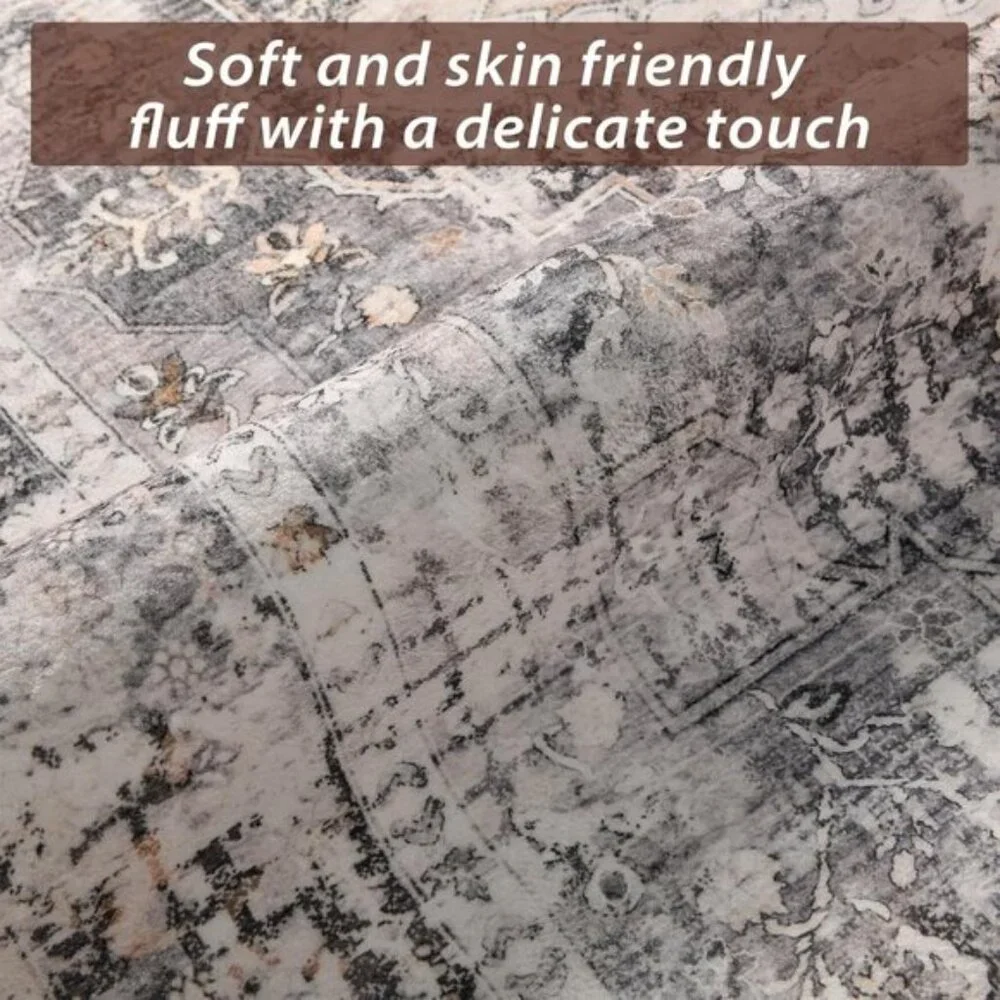 New 5x7 Gray Vintage Area Rug, Washable Non-Slip Floral Carpet for Indoor Use